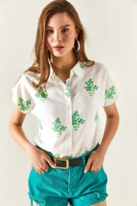 Olalook Women's Floral Green Patterned Linen Bat Shirt - Image 6