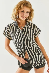 Olalook Women's Zebra Black Patterned Linen Bat Shirt
