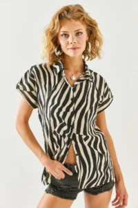 Olalook Women's Zebra Black Patterned Linen Bat Shirt - Image 2
