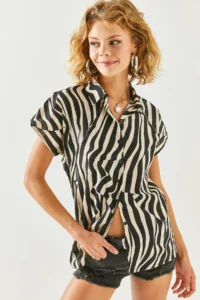 Olalook Women's Zebra Black Patterned Linen Bat Shirt - Image 3