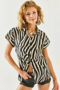 Olalook Women's Zebra Black Patterned Linen Bat Shirt - Image 4