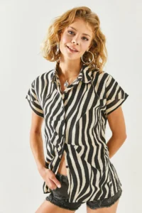 Olalook Women's Zebra Black Patterned Linen Bat Shirt - Image 5