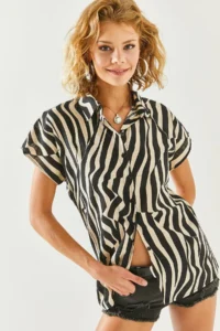 Olalook Women's Zebra Black Patterned Linen Bat Shirt - Image 6