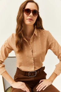 Olalook Women's Beige Stitching Detailed Flared Linen Shirt