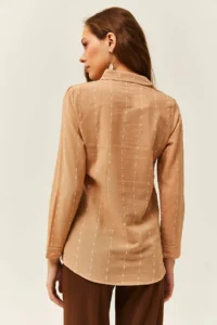Olalook Women's Beige Stitching Detailed Flared Linen Shirt - Image 2