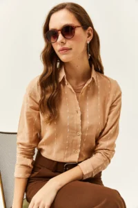 Olalook Women's Beige Stitching Detailed Flared Linen Shirt - Image 3