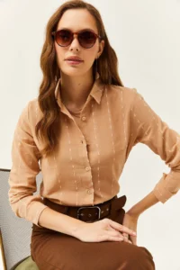 Olalook Women's Beige Stitching Detailed Flared Linen Shirt - Image 4