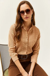 Olalook Women's Beige Stitching Detailed Flared Linen Shirt - Image 5
