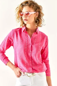 Olalook Women's Fuchsia Stitching Detailed Flared Linen Shirt - Image 2