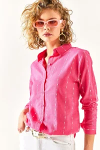 Olalook Women's Fuchsia Stitching Detailed Flared Linen Shirt - Image 3