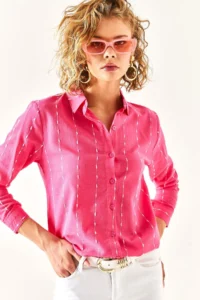 Olalook Women's Fuchsia Stitching Detailed Flared Linen Shirt - Image 4