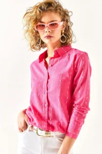 Olalook Women's Fuchsia Stitching Detailed Flared Linen Shirt - Image 5