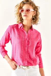 Olalook Women's Fuchsia Stitching Detailed Flared Linen Shirt - Image 6