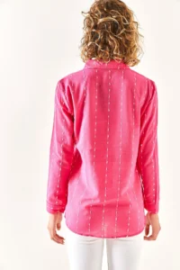 Olalook Women's Fuchsia Stitching Detailed Flared Linen Shirt - Image 7