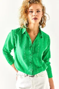 Olalook Women's Grass Green Stitching Detailed Flared Linen Shirt - Image 2