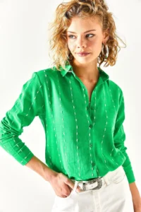 Olalook Women's Grass Green Stitching Detailed Flared Linen Shirt - Image 3