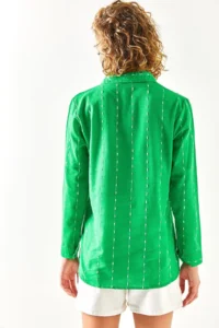 Olalook Women's Grass Green Stitching Detailed Flared Linen Shirt - Image 7