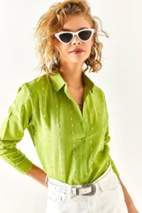 Olalook Women's Pistachio Green Stitching Detailed Flared Linen Shirt