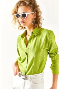 Olalook Women's Pistachio Green Stitching Detailed Flared Linen Shirt - Image 2