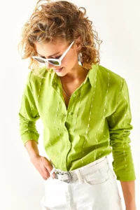 Olalook Women's Pistachio Green Stitching Detailed Flared Linen Shirt - Image 3