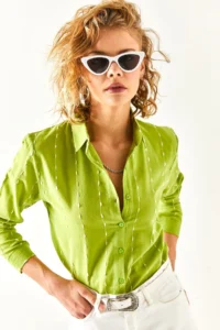 Olalook Women's Pistachio Green Stitching Detailed Flared Linen Shirt - Image 4