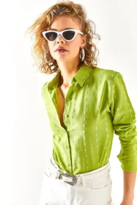 Olalook Women's Pistachio Green Stitching Detailed Flared Linen Shirt - Image 5