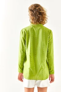 Olalook Women's Pistachio Green Stitching Detailed Flared Linen Shirt - Image 7