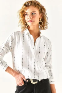 Olalook Women's White Stitching Detailed Flared Linen Shirt - Image 2