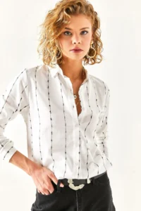 Olalook Women's White Stitching Detailed Flared Linen Shirt - Image 3