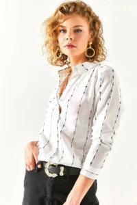 Olalook Women's White Stitching Detailed Flared Linen Shirt - Image 4