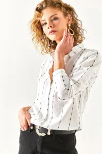 Olalook Women's White Stitching Detailed Flared Linen Shirt - Image 5