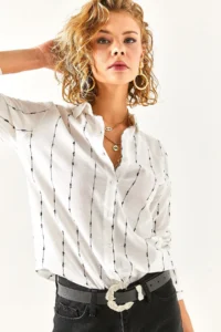 Olalook Women's White Stitching Detailed Flared Linen Shirt - Image 6
