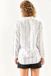 Olalook Women's White Stitching Detailed Flared Linen Shirt - Image 7