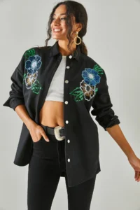 Olalook Women's Floral Black Sequin Detailed Oversize Stash Shirt