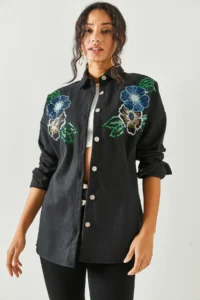 Olalook Women's Floral Black Sequin Detailed Oversize Stash Shirt - Image 2