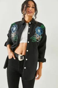 Olalook Women's Floral Black Sequin Detailed Oversize Stash Shirt - Image 3