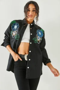 Olalook Women's Floral Black Sequin Detailed Oversize Stash Shirt - Image 4