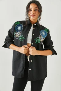 Olalook Women's Floral Black Sequin Detailed Oversize Stash Shirt - Image 5