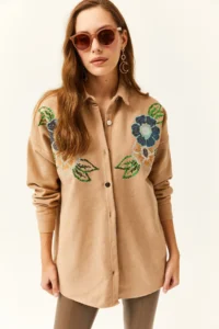 Olalook Women's Floral Camel Sequin Detailed Oversize Stash Shirt