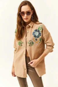Olalook Women's Floral Camel Sequin Detailed Oversize Stash Shirt - Image 2