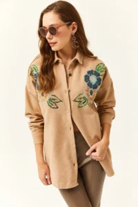 Olalook Women's Floral Camel Sequin Detailed Oversize Stash Shirt - Image 3