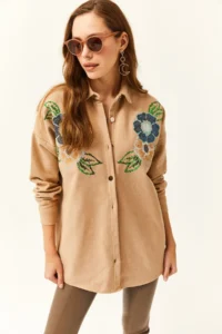 Olalook Women's Floral Camel Sequin Detailed Oversize Stash Shirt - Image 4