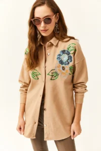 Olalook Women's Floral Camel Sequin Detailed Oversize Stash Shirt - Image 5
