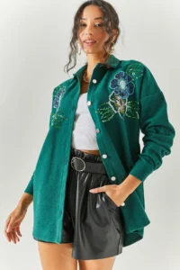 Olalook Women's Floral Emerald Green Sequin Detailed Oversize Stash Shirt