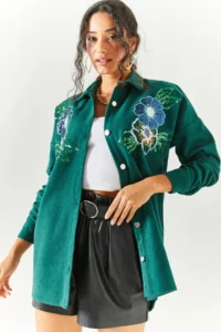 Olalook Women's Floral Emerald Green Sequin Detailed Oversize Stash Shirt - Image 2