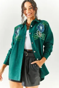 Olalook Women's Floral Emerald Green Sequin Detailed Oversize Stash Shirt - Image 3