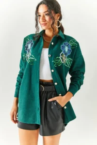 Olalook Women's Floral Emerald Green Sequin Detailed Oversize Stash Shirt - Image 4