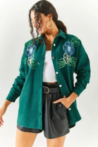 Olalook Women's Floral Emerald Green Sequin Detailed Oversize Stash Shirt - Image 5