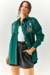 Olalook Women's Floral Emerald Green Sequin Detailed Oversize Stash Shirt - Image 6