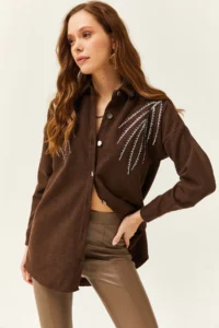 Olalook Women's Leaf Bitter Coffee Stamp Sequin Detailed Oversize Stamp Shirt